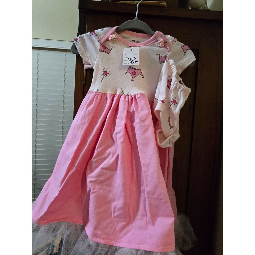Upcycled One Piece 0-3 MS  Dress w Matching Bloomers and Ruffles Pink Princess